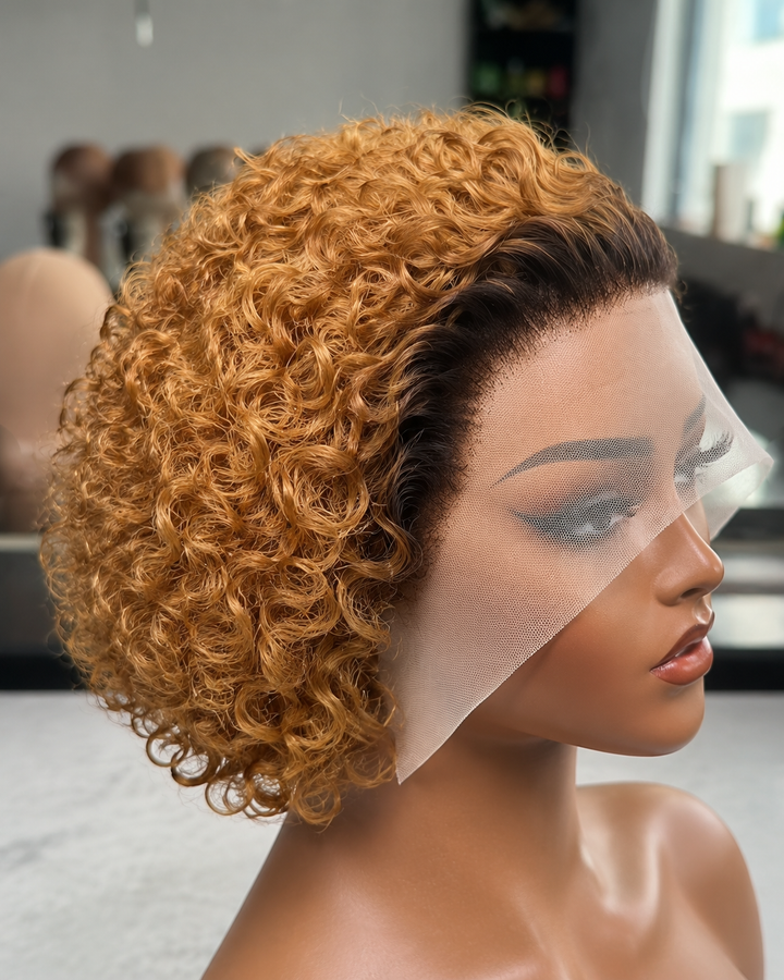 1B/30 13x1 Lace Loose Curly Short Pixie Cut Bob Perruques Pour Femmes 
