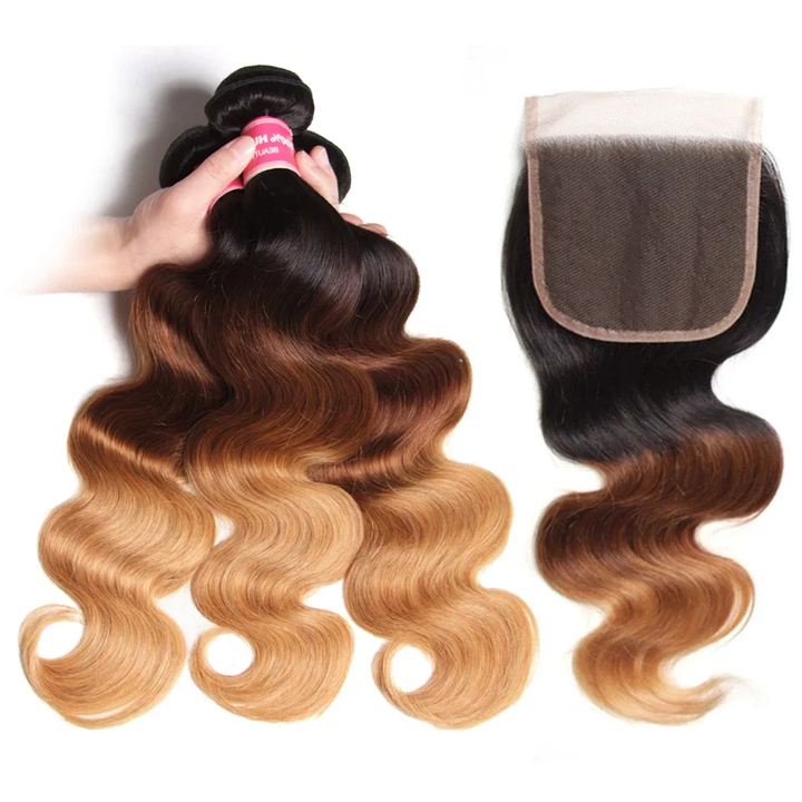 #T1B/4/27 Ombre Color Body Wave 3 Bundles with 5x5/6x6 Closure Human Virgin Hair Weave Double Weft Hair Extensions