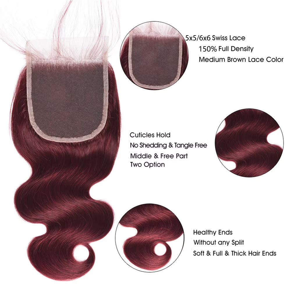 99j Burgundy Colored Body Wave 4 Bundles Brazilian Wavy With 5x5/6x6 Closure Human Hair