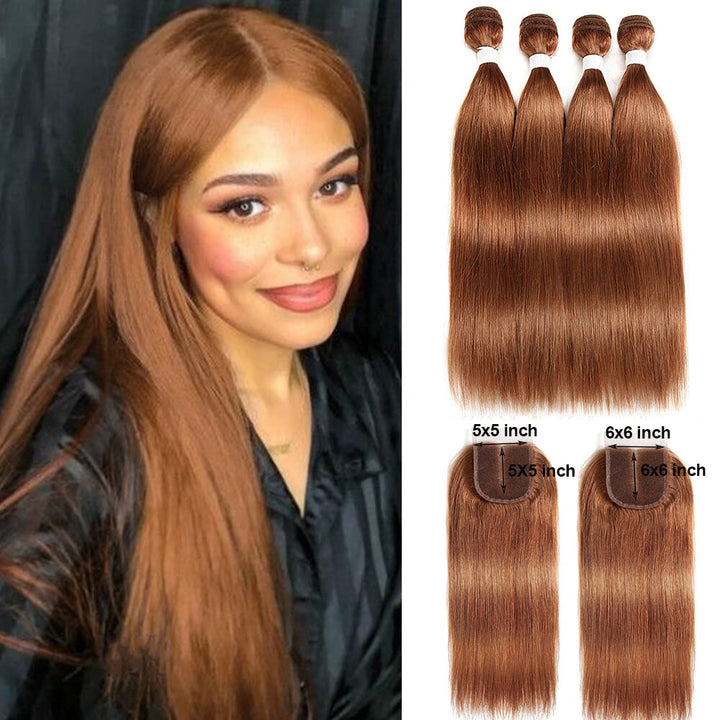 #30 Light Brown Straight Human Hair 4 Bundles with 5x5/6x6 Lace Closure Unprocessed Brazilian Virgin Weave 100% Human Hair Extensions