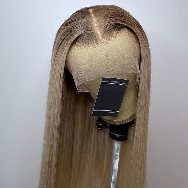 Gray Blonde With Root 4 Brown Lace Front Body/Straight Wave Human Hair Wigs  Root4/Gray Blonde Silky Human Hair Wig 200% Density