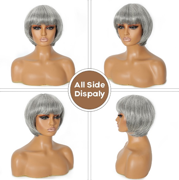 New Pixie Cut Salt And Pepper Colored Short Grey Bob Full Machine Wig