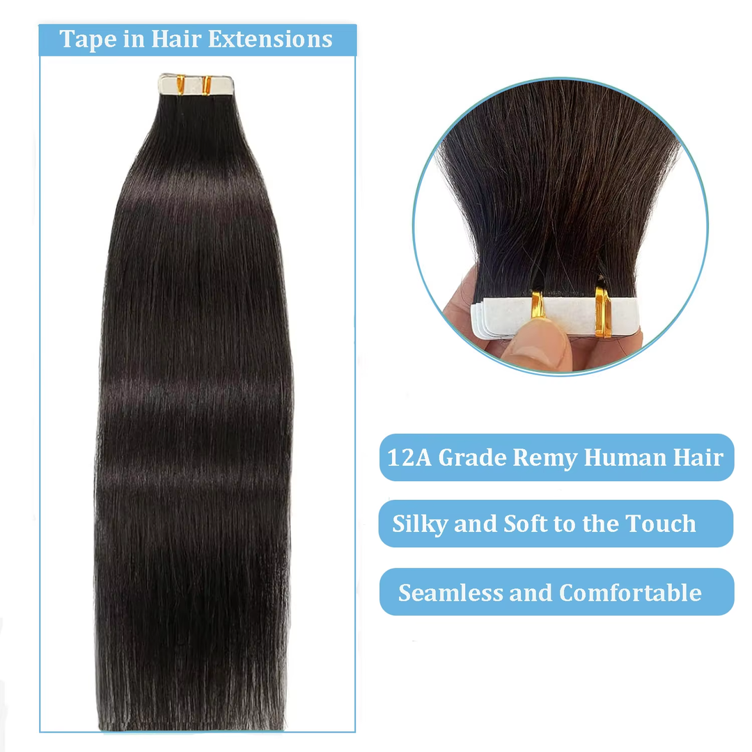 PU Tape in Straight Human Hair Natural Black Hair Extensions Tape in Human Hair Seamless Extensions Glue in PU Extensions 16-26 Inch 20Pcs/Pack