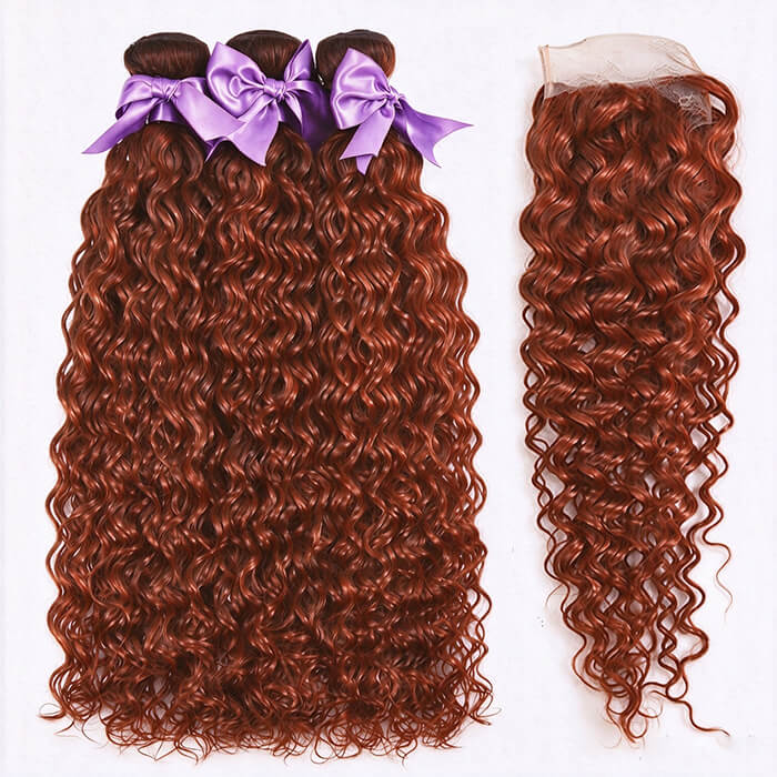 #33 Reddish Brown Water Wave 3 Bundles with 4x4 Lace Closure (No Code Need)