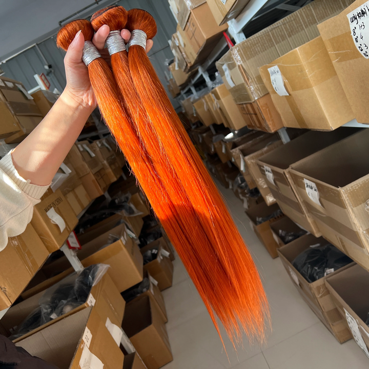 #350 Ginger Orange Straight  100% Human Hair 4 Bundles With 5x5/6x6 Closure Brazilian Raw Virgin Hair Double Weft Bundle for Black Women