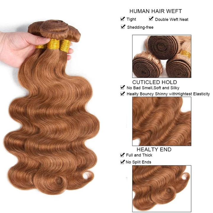 #30 Brown Color Body Wave Bundles Brazilian Human Hair 4 Bundles with Transparent 5x5/6x6 Closure Soft Hair Closure