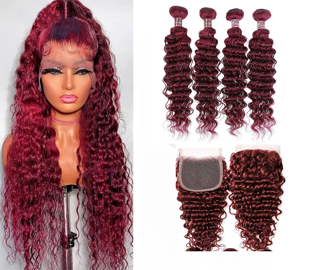 350 Ginger Orange Deep Wave 4 Bundles avec 4x4 Lace Closure Brazilian Remy Hair 