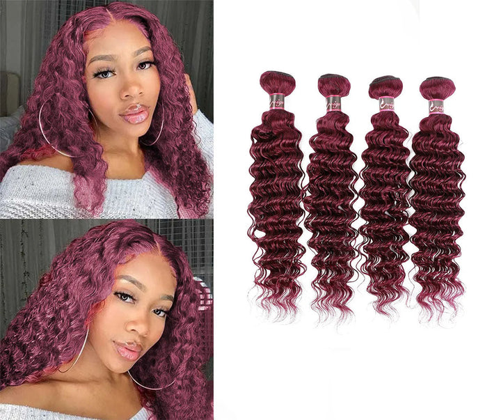 #99j  Red Bundles Deep Wave 4 Bundles Remy 100% Human Hair