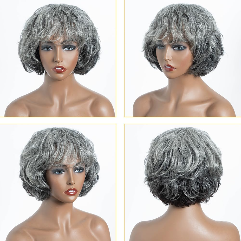 Brazilian Salt And Pepper Remy Hair Short Silver Gray  Bob Human Hair Wigs For  Women Remy Hair Bangs Wigs Full machine made wigs