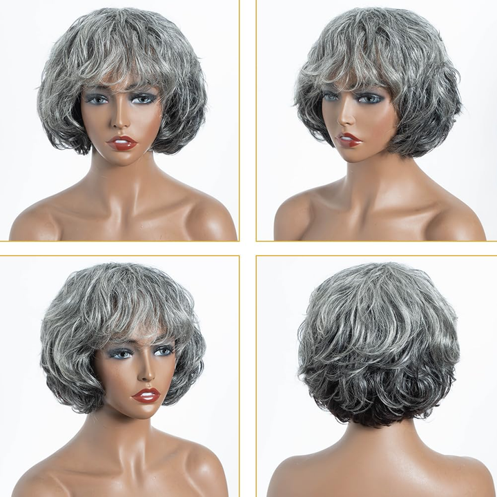 Brazilian Salt And Pepper Remy Hair Short Silver Gray  Bob Human Hair Wigs For  Women Remy Hair Bangs Wigs Full machine made wigs