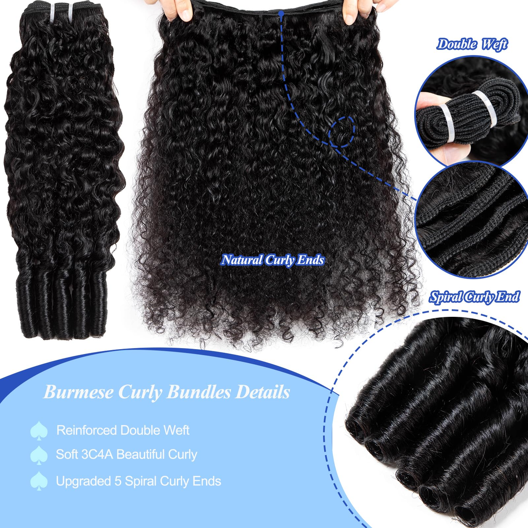 (H1)Burmese Curly Human Hair Bundles Weft Quick Weave Extensions for Women Natural Black No Tangle