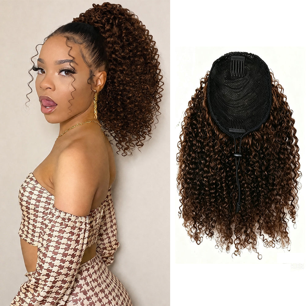 Lumiere #4 Chocolate Brown Afro Curly Drawstring Ponytail Human Hair Extensions