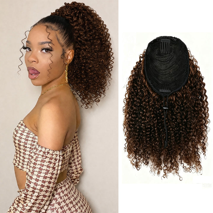 Lumiere #4 Chocolate Brown Afro Curly Drawstring Ponytail Human Hair Extensions