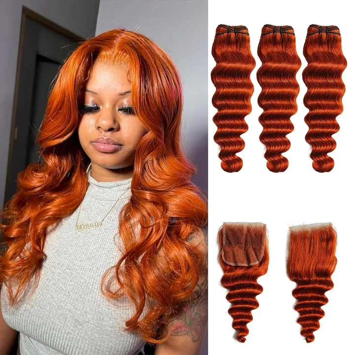 #350 Ginger Orange Color Loose Deep Wave Human Hair 3 Bundles With 4x4 Lace Closure Soft Thick Ginger Weave Bundles(No Code Need)