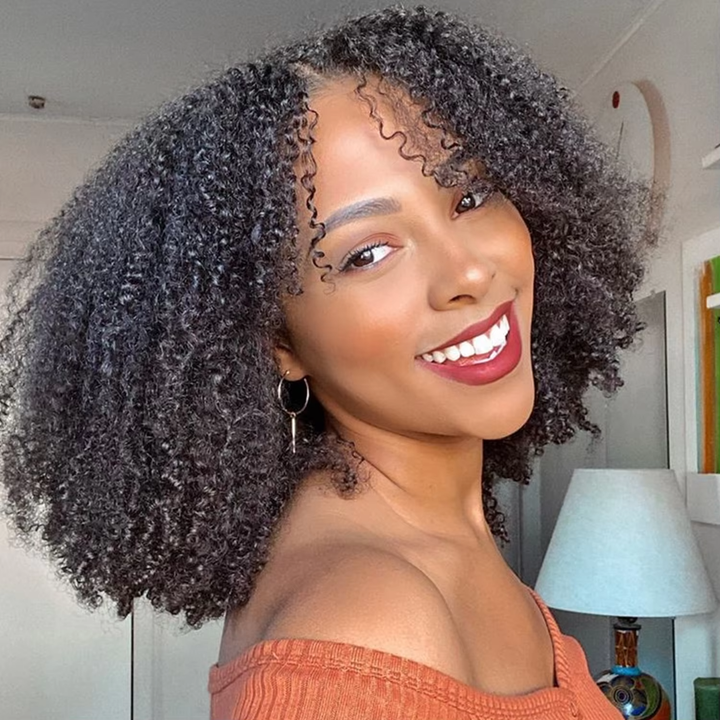 New V Part Kinky Curly No Leave Out Brazilian Remy Human Hair Wigs For Women