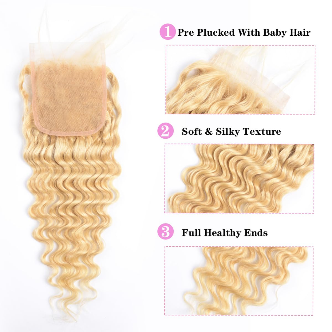 613 Blonde Water Wave 4 Bundles with 4x4 closure with 4x4 transparent lace closure Human Hair Extension