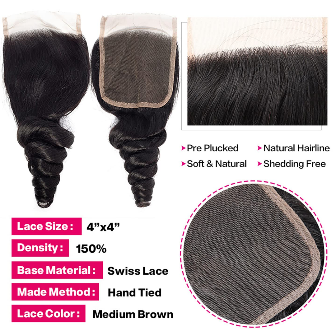 (B2) Loose Wave 3 Bundles With 4x4  Lace Closure Brazilian Human Hair Extension