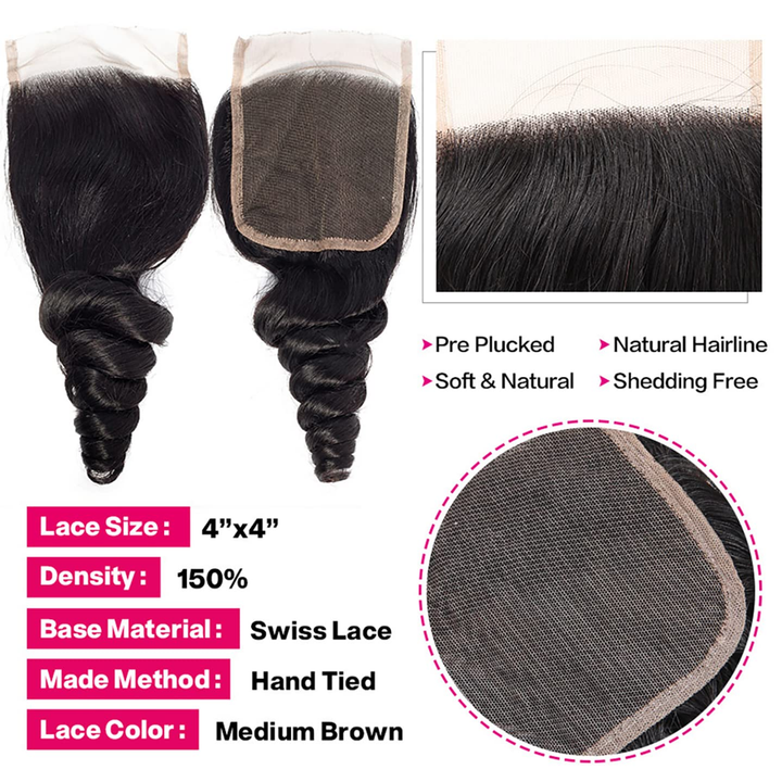 (B2) Loose Wave 3 Bundles With 4x4  Lace Closure Brazilian Human Hair Extension
