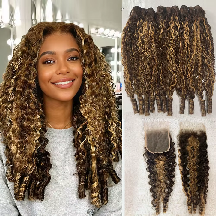 Highlight P4/27 Colored Burmese Curly 3 Bundles With 4x4 Transparent Lace Closure With Spriral End Human Hair
