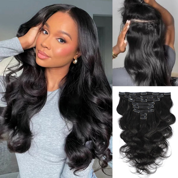 Ship In 24Hours-Lumiere Body Wave Clip In Human Hair Extensions 8 Pieces 120g Natural Black 8-26 Inch