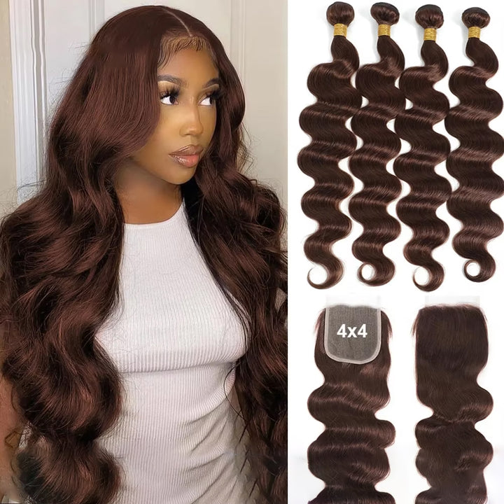 lumiere # 4 Brown Body Wave 4 Bundles Avec 4x4 Lace Closure Pre Colored Human hair 