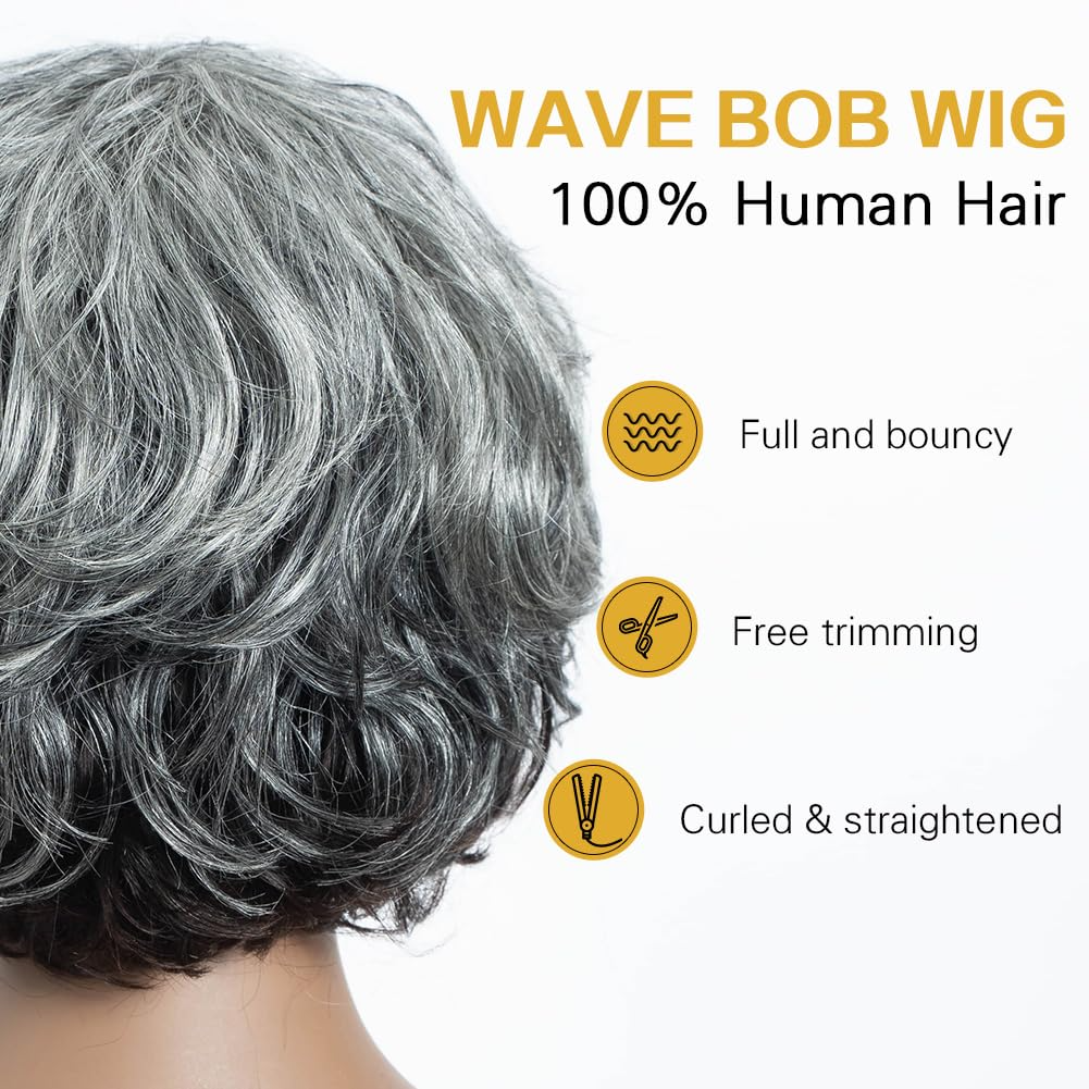 Brazilian Salt And Pepper Remy Hair Short Silver Gray  Bob Human Hair Wigs For  Women Remy Hair Bangs Wigs Full machine made wigs