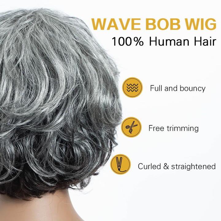 Brazilian Salt And Pepper Remy Hair Short Silver Gray  Bob Human Hair Wigs For  Women Remy Hair Bangs Wigs Full machine made wigs
