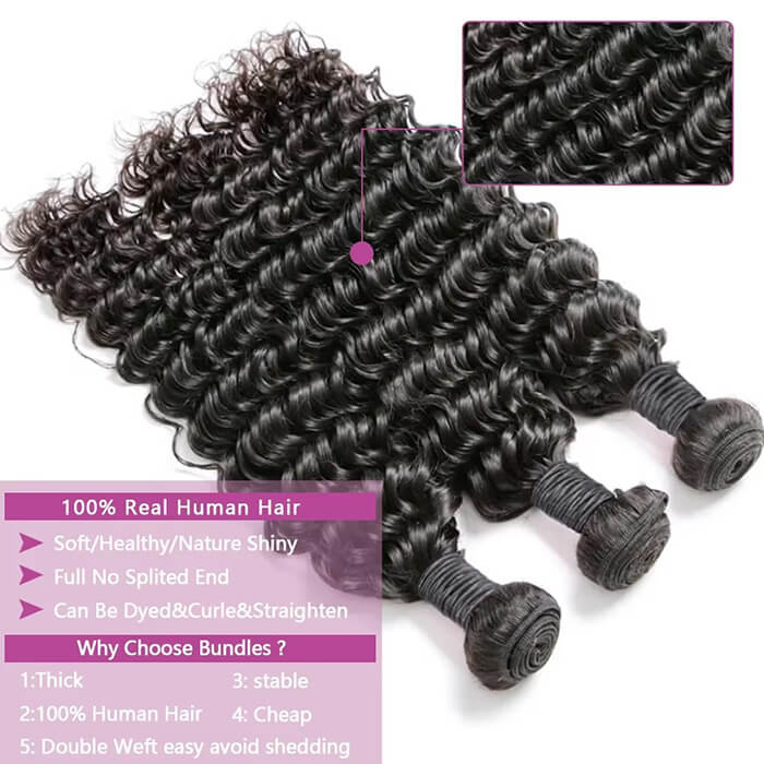 (B1)Deep Wave Human Hair 3 Bundles Natural Human Hair for Women Brazilian Raw Hair Extensions(Ship In 24Hours)