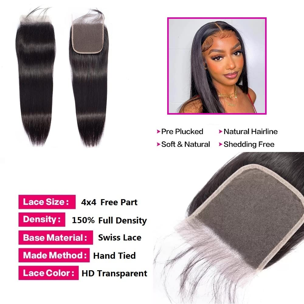 (B2)  4 Bundles Straight With 4x4 Lace Closure Brazilian Hair Wave Bundles With Closure Natural Human Hair