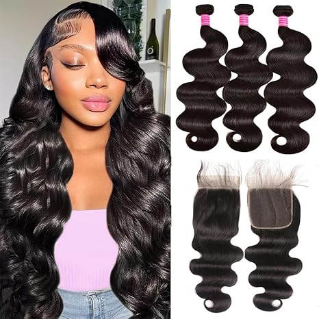 (B1)Brazilian Hair Body Wave 3 Bundles With 4x4 Closure Human Hair Extension for women