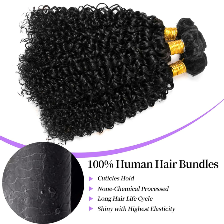 (B2)  Kinky Curly Bundles Human Hair  3 Bundles With 4x4 Closure 100% Unprocessed Brazilian Virgin Remy Hair For Women Natural Black Color