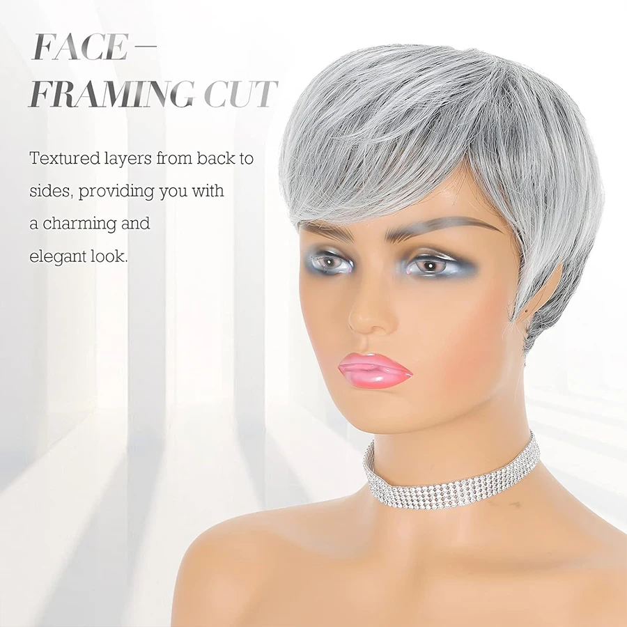 New Pixie Cut Dark Grey Granny Grey Short Straight Pixie Cut Hair Human Hair Machine Made Wig for Women