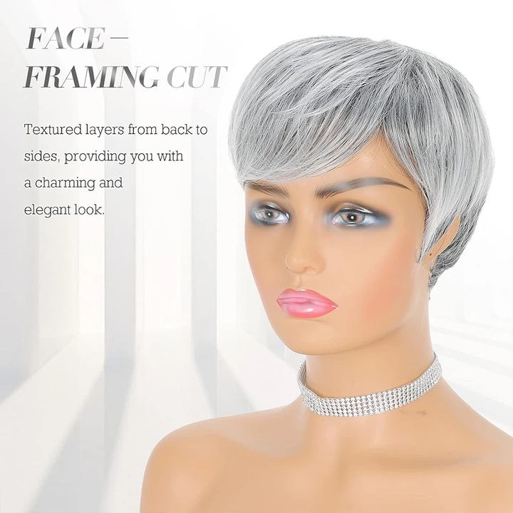 New Pixie Cut Salt Pepper Dark Grey Granny Grey Short Straight Pixie Cut Hair Human Hair Machine Made Wig for Women