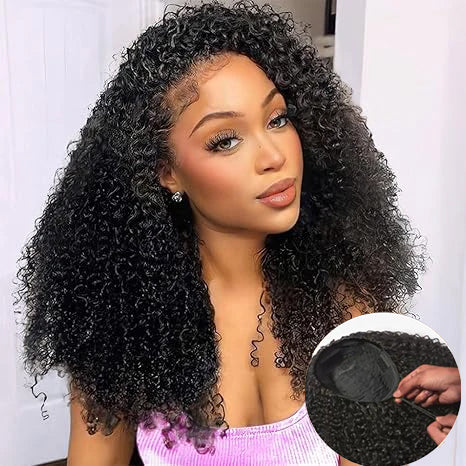 [3 In 1 Half ] Wig with Drawstring Kinky Curly Ready To Go Wig Full Machine Made Wigs With Natural Hairline Human Hair