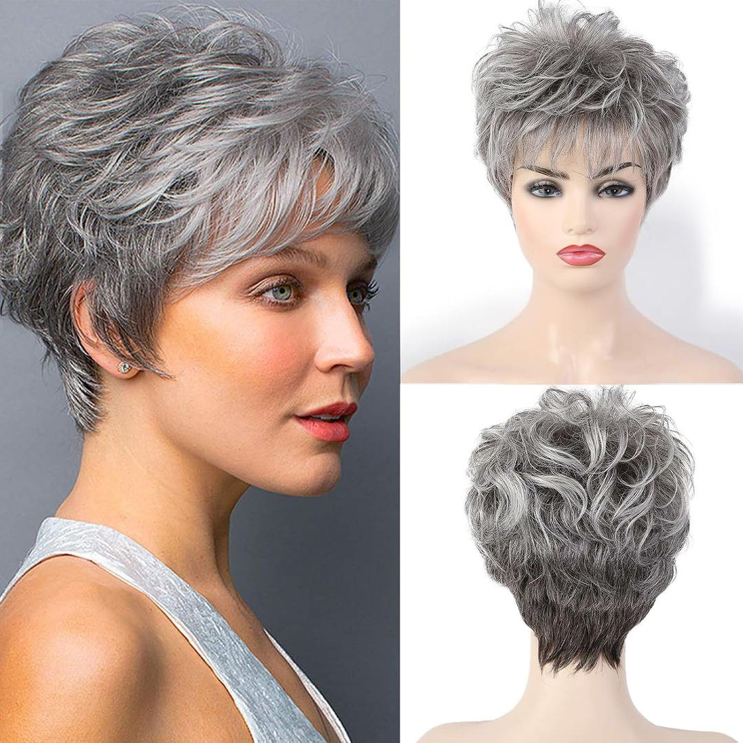 Brazilian Salt And Pepper Highlights Grey Machine Made Wigs 100% Human Hair Wigs Natural Hair 6 inch