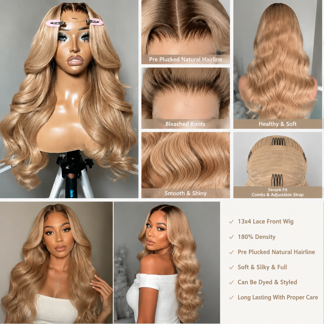 Lumiere 200% Density Body Wave Root4/Ash Blonde 13x4 Lace Front Wig Human Hair Wigs（Natural #1B Colored）