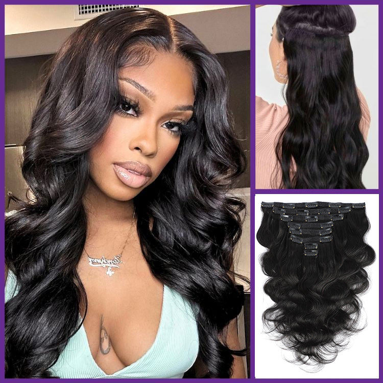 Ship In 24Hours-Lumiere Body Wave Clip In Human Hair Extensions 8 Pieces 120g Natural Black 8-26 Inch