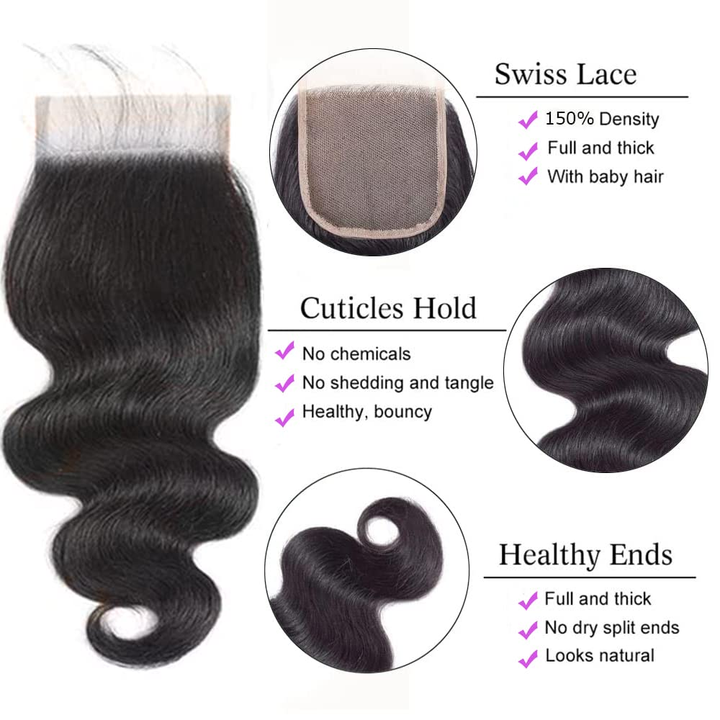15A Body Wave 3 Bundles With 4X4 Lace Closure 100% virgin human hair