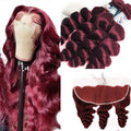 Red Bundles #99j Loose Wave 4 Bundles With 13X4 Frontal Transparent Lace