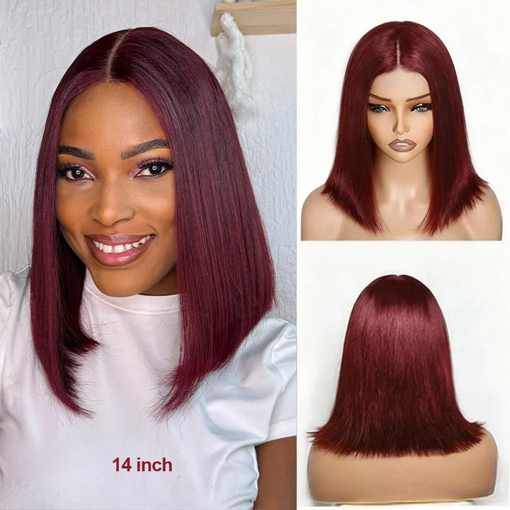 Lumiere Blunt Cut Bob Wig 2x6/13x4 Lace Closure Straight #99J Red Colored Short Bob Human Hair Wigs 220% Density