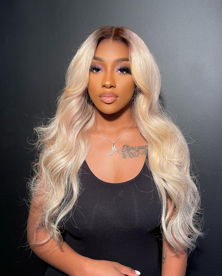 #613 Blonde With #4 Brown Root HD Lace Frontal Wig  Root4/613 Brazilian Straight/Body Wave Lace Front Wig Human Hair  Wig for Black Women 200% Density
