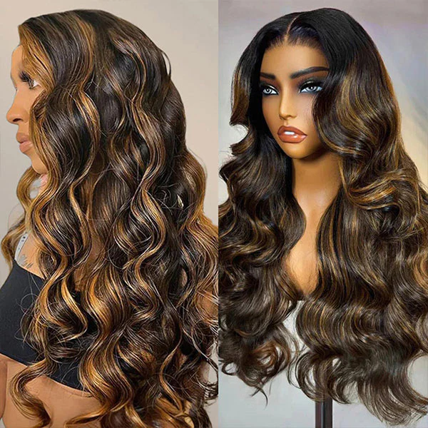 #Piano Brown Honey Blonde P4/27 &amp; P4/30 Highlight Loose Deep Glueless Wigs Human Hair 
