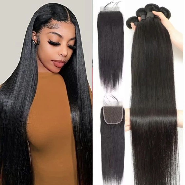 Straight 3 Bundles With 4x4 Closure Transparent Lace Peruvian Remy Hair