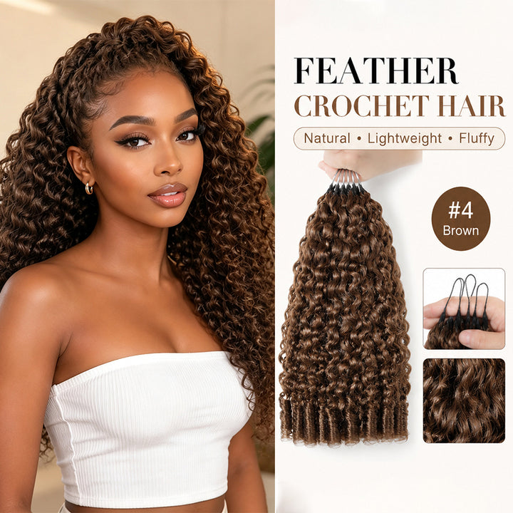 Lumiere #4 Brown Burmese Curly  Feather Crochet Human Hai Invisible Crochet Knots Hair(No Code Need)