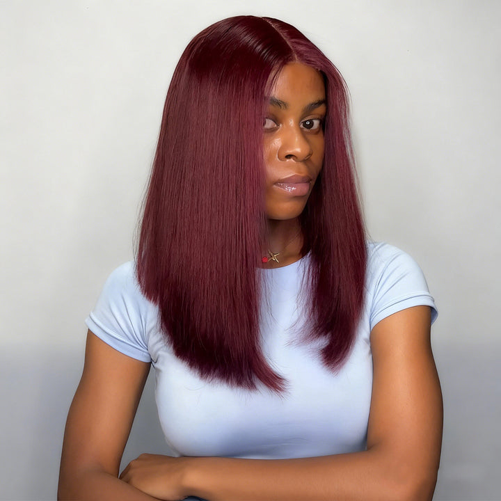 Lumiere Blunt Cut Bob Wig 2x6/13x4 Lace Closure Straight #99J Red Colored Short Bob Human Hair Wigs 220% Density