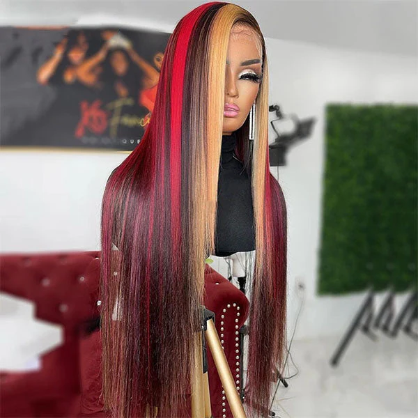 WG-91 Highlight Skunk Stripe 99J Blonde Body/Straight Wave 13x4 Lace Front Wig For Women