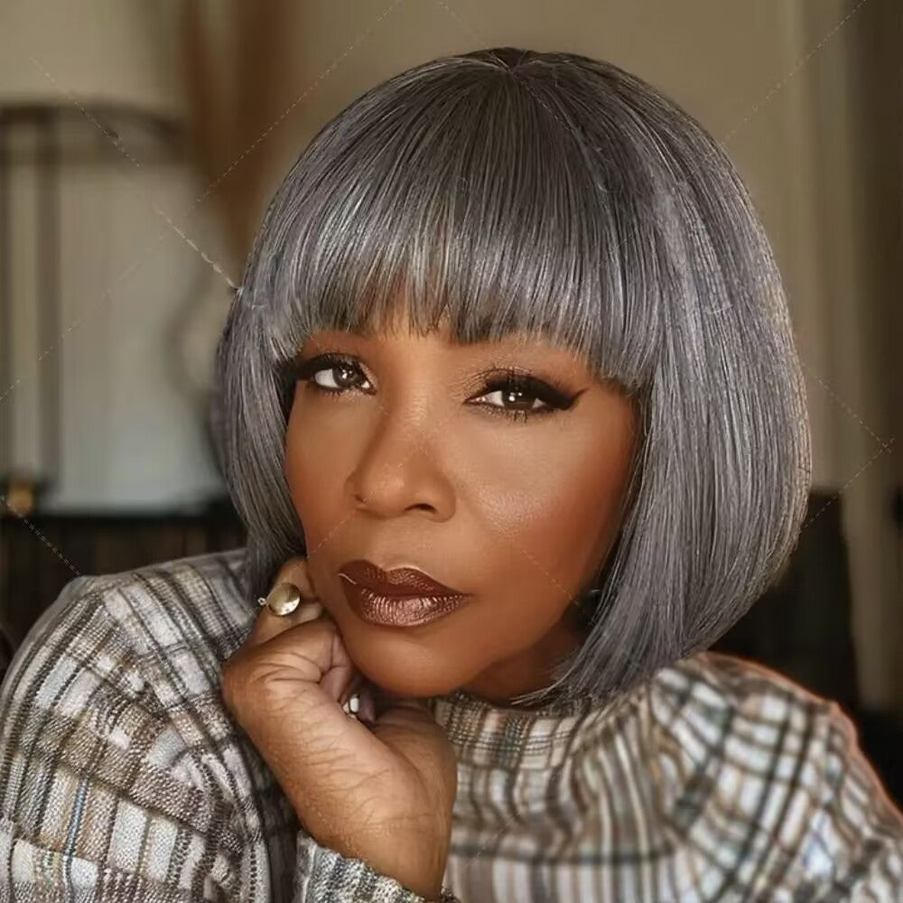 Silver Wig Grey Ombre Women's Wig with Curtain Bangs Salt And Pepper Synthetic Highlights Grey Bob Short Hair Silver Multi Layered Wig 8inch Full Machine