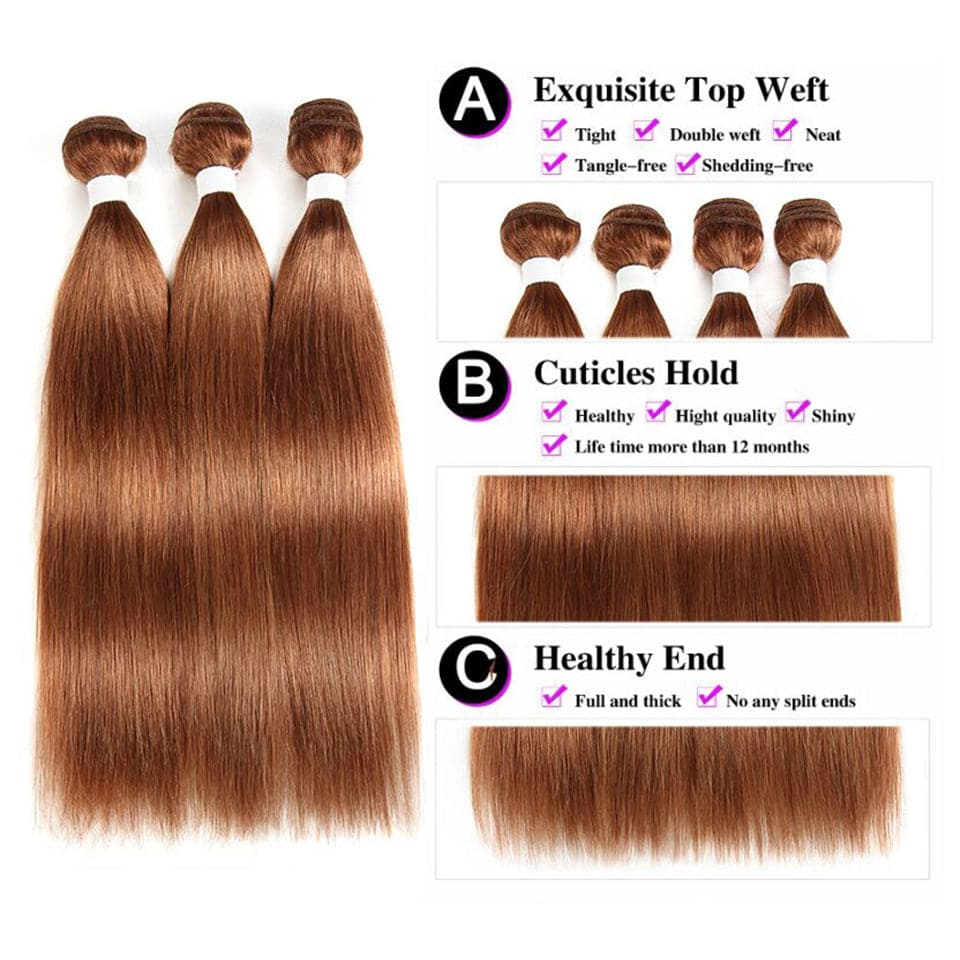#30 Light Brown Straight Human Hair 4 Bundles with 5x5/6x6 Lace Closure Unprocessed Brazilian Virgin Weave 100% Human Hair Extensions