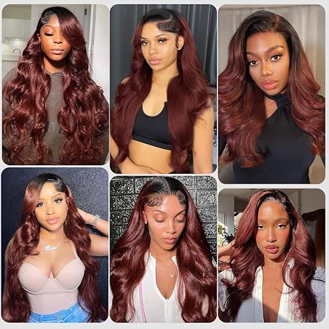 Reddish Brown T1b/33 Colored 13x4 Lace Front Wigs Human Hair Body Wave Wig 28 Inch Dark Roots Pre Plucked 180% Density