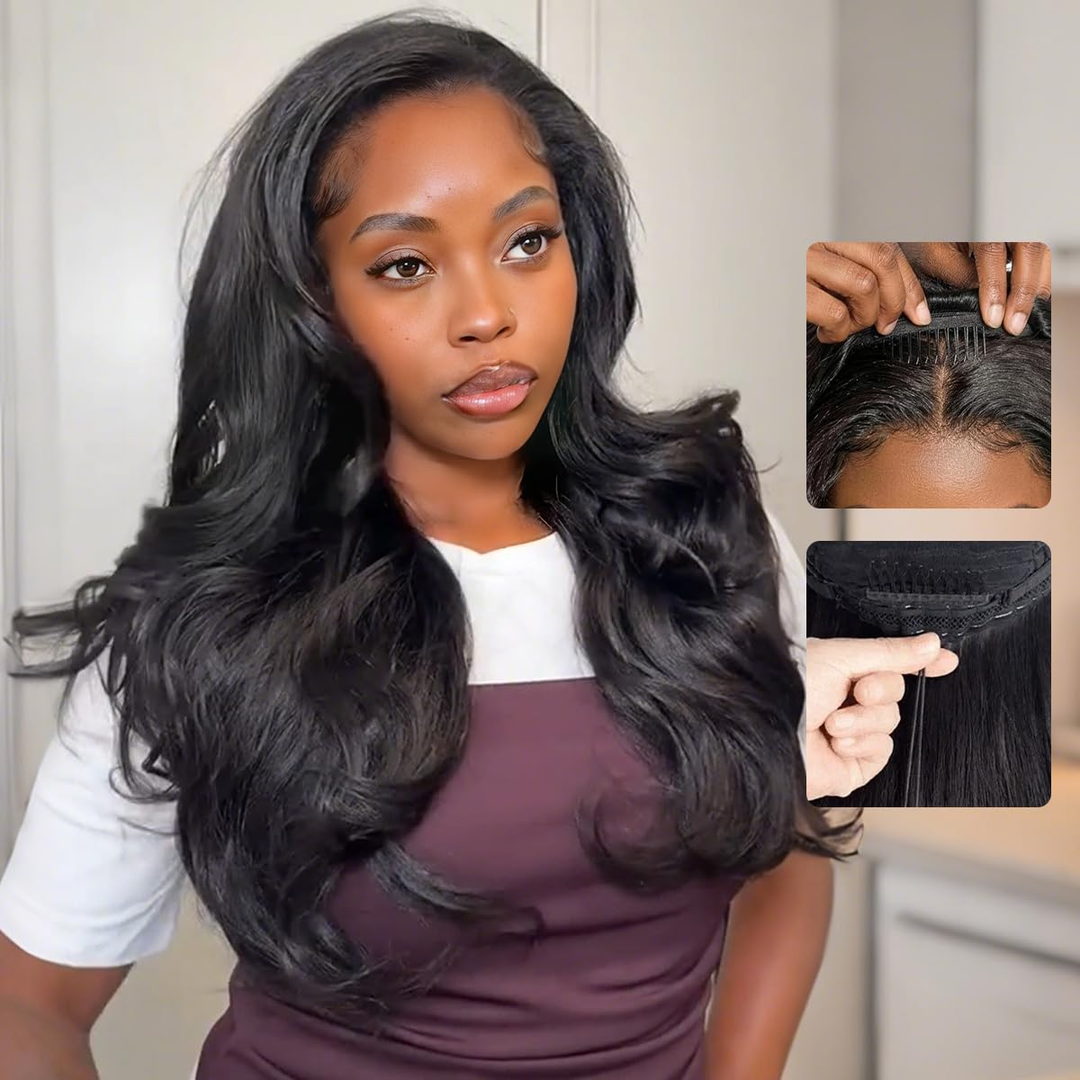 [3 In 1 Half ] Half Wig Body Wave Black Color Glueless Wigs for Black Women Wear and Go Hair Wigs Beginner Friendly